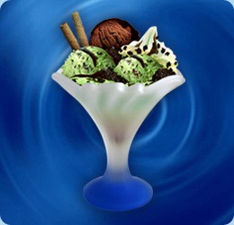 mint ice cream (2 scoops), chocolate ice cream (1 scoop), pieces of chocolate, topping: chocolate, cream, waffle rolls