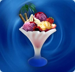 vanilla ice cream (1 scoop), yoghurt/berries ice cream (2 scoops), fresh fruits (strawberry, raspberry, blueberries...), topping: berries, cream, waffle rolls