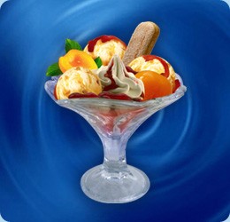 vanilla ice cream (3 scoops), peaches (half pieces), topping: strawberries, cream, sweet biscuit