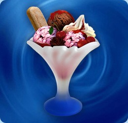 yoghurt-cherry ice cream (2 scoops), chocolate ice cream (1 scoop), cherry, pieces of chocolate, topping: cherry, cream, sweet biscuit