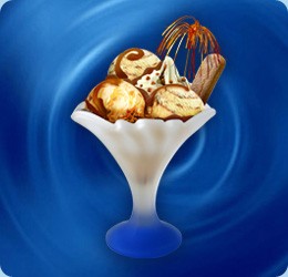 whisky-cream ice cream (2 scoops), vanilla ice cream (1 scoop), pieces of caramel, topping: caramel, cream, sweet biscuit